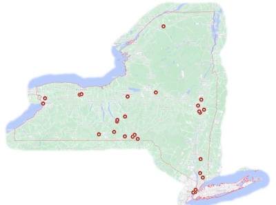 Map of New York State showing locatinos of participating New York Nanotech institutions